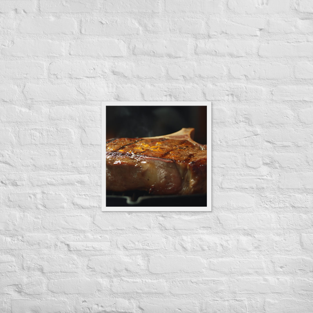 Juicy T-Bone Steak on a Sizzling Grill Framed poster 🤤 from Yumify.AI