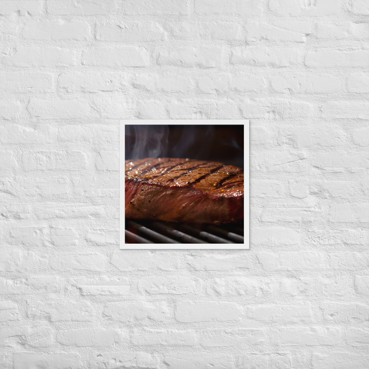 Juicy Flank Steak sizzling on a grill Framed poster 🤤 from Yumify.AI