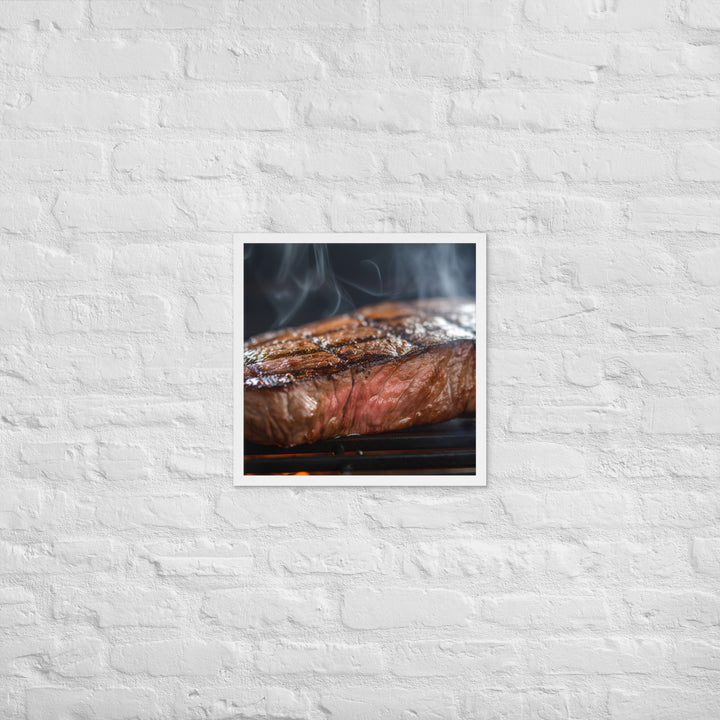 Juicy Flank Steak sizzling on a grill Framed poster 🤤 from Yumify.AI