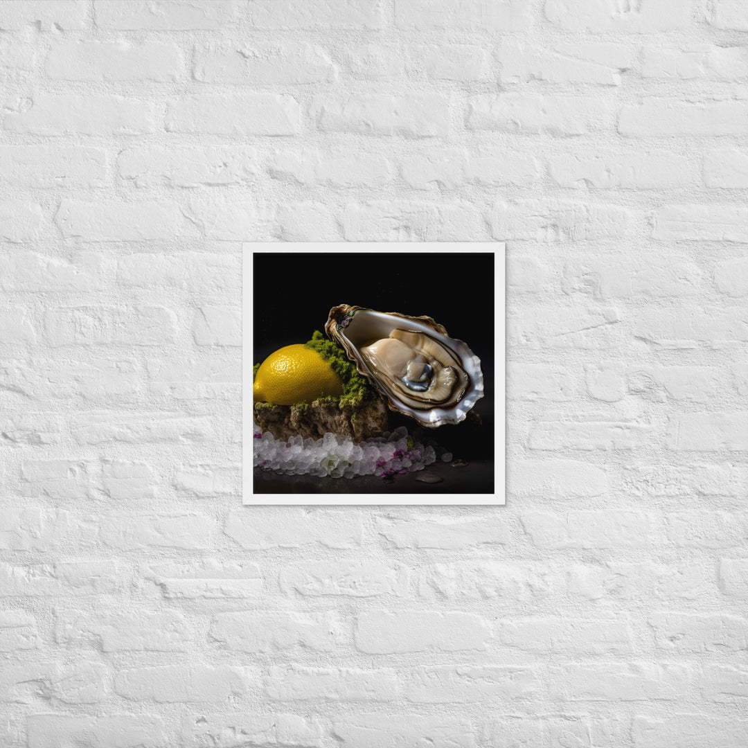 Succulent Belon oyster with lemon wedge Framed poster 🤤 from Yumify.AI