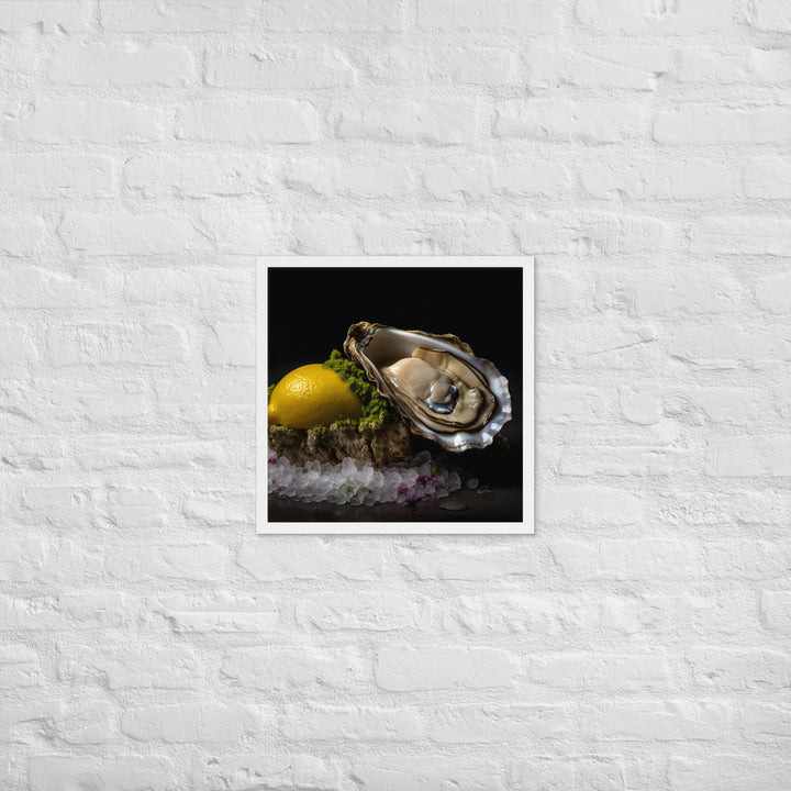 Succulent Belon oyster with lemon wedge Framed poster 🤤 from Yumify.AI