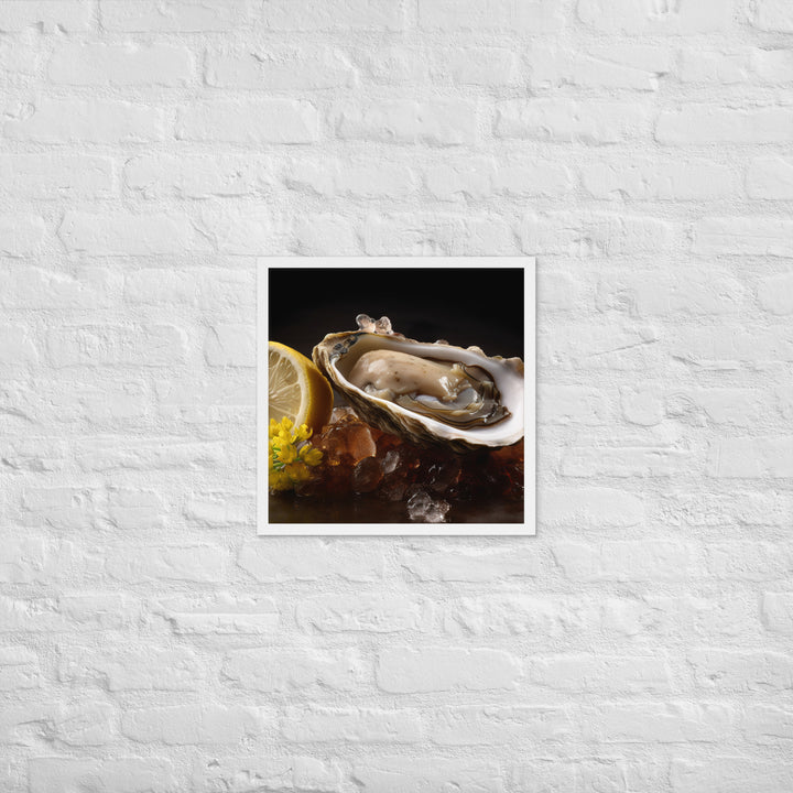 Succulent Belon oyster with lemon wedgev Framed poster 🤤 from Yumify.AI