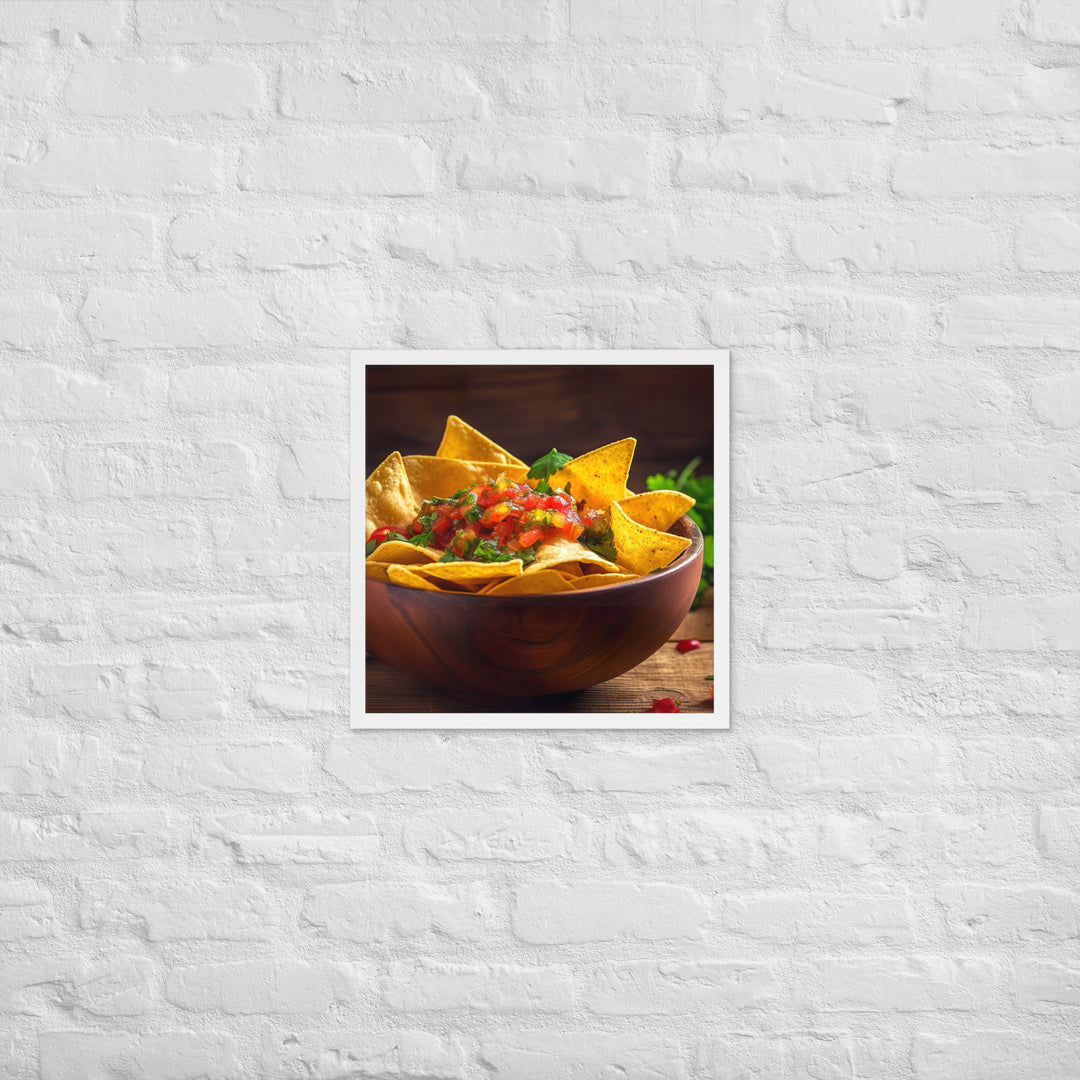 A colorful bowl of chips and salsa Framed poster 🤤 from Yumify.AI