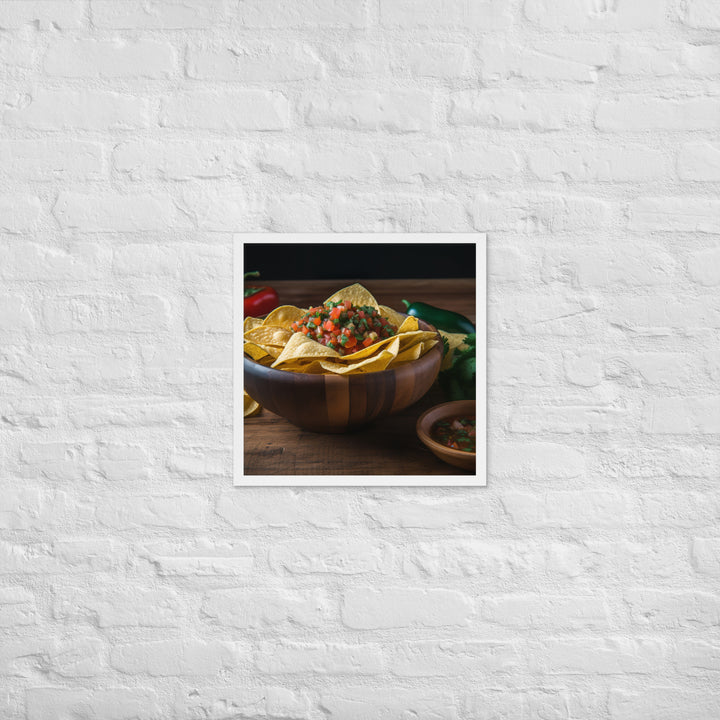 A colorful bowl of chips and salsa Framed poster 🤤 from Yumify.AI