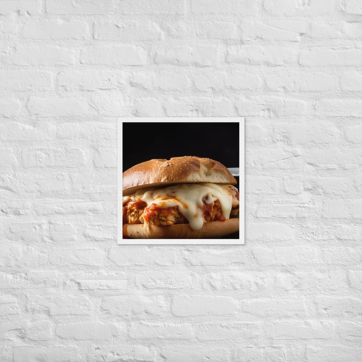 Juicy Chicken Parmesan on a Toasted Bun Framed poster 🤤 from Yumify.AI