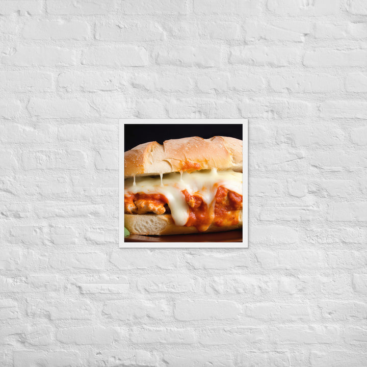 Golden Chicken Parmesan on Fresh Bread Framed poster 🤤 from Yumify.AI