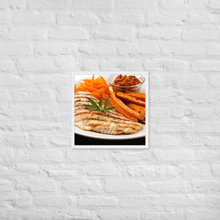 Grilled Fish and Sweet Potato Fries Framed poster 🤤 from Yumify.AI