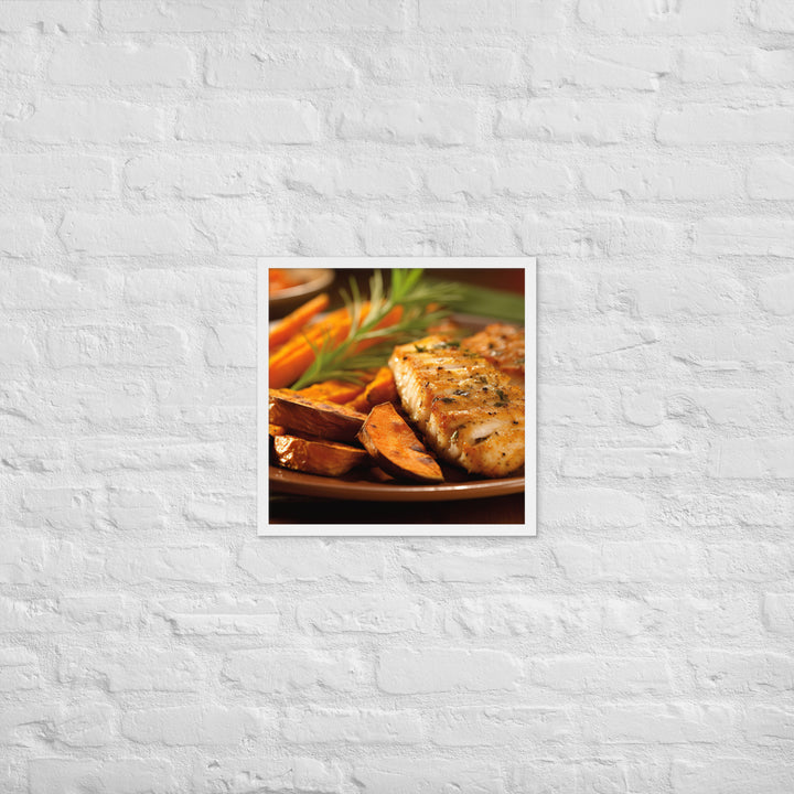 Grilled Fish and Sweet Potato Fries Framed poster 🤤 from Yumify.AI