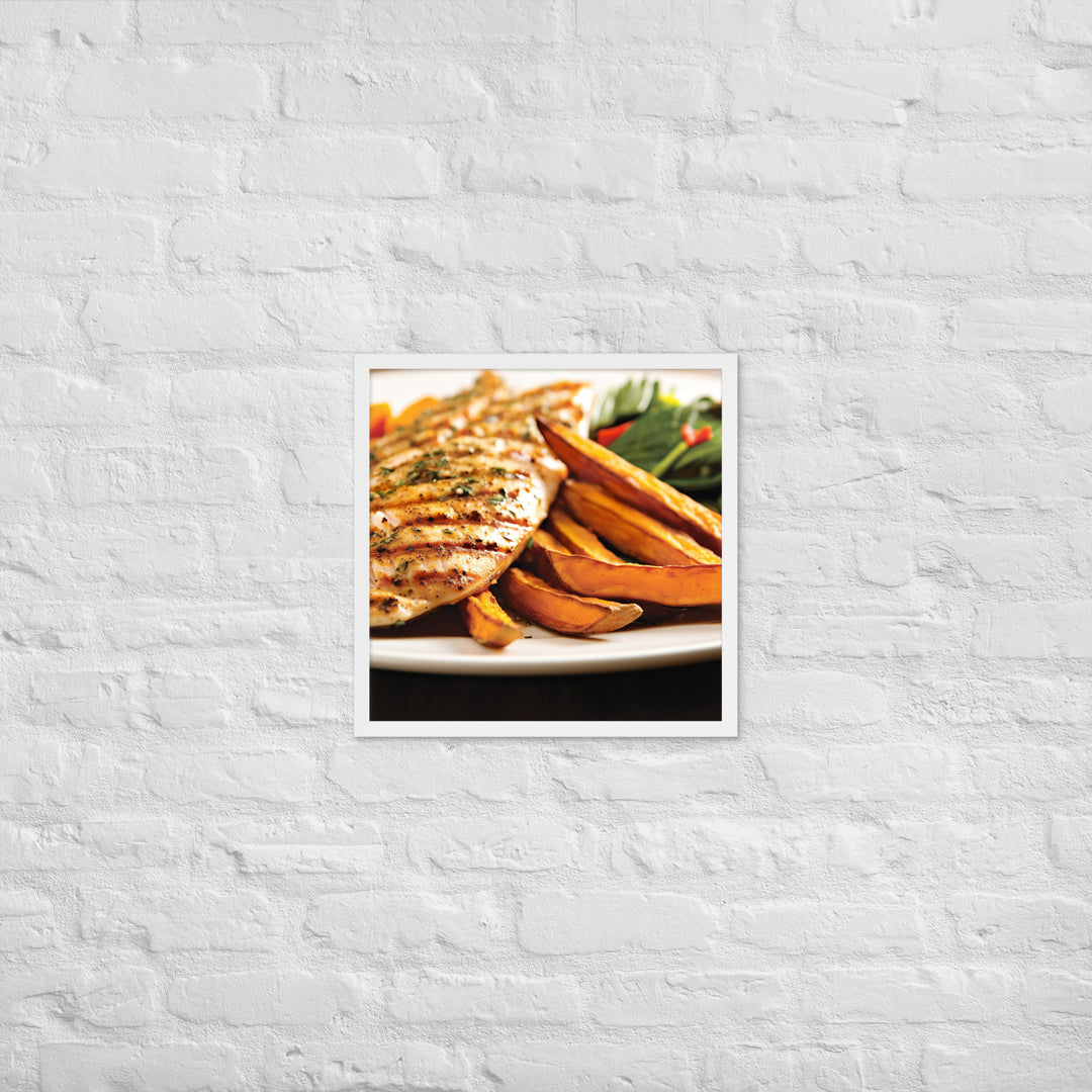 Grilled Fish and Sweet Potato Fries Framed poster 🤤 from Yumify.AI