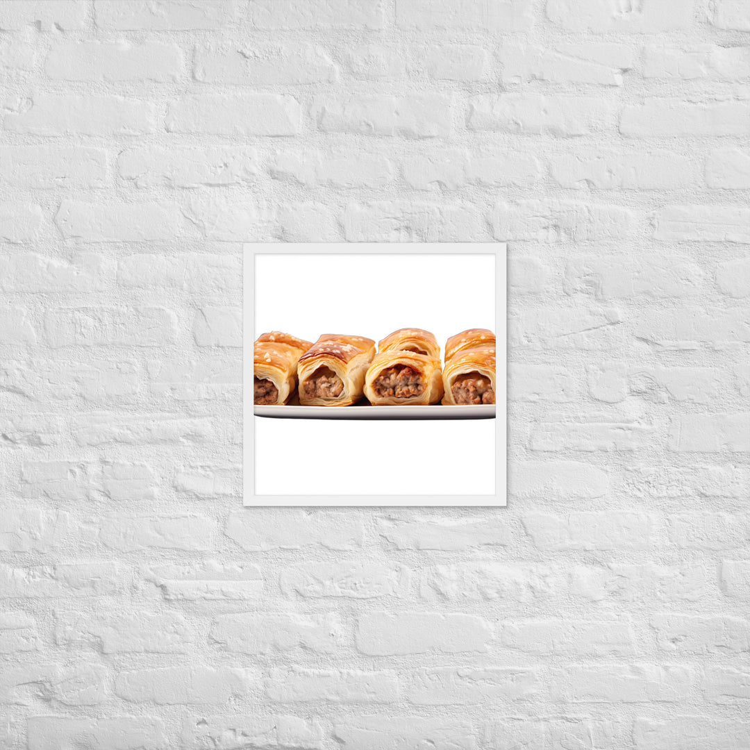 Flaky Golden Sausage Rolls Framed poster 🤤 from Yumify.AI