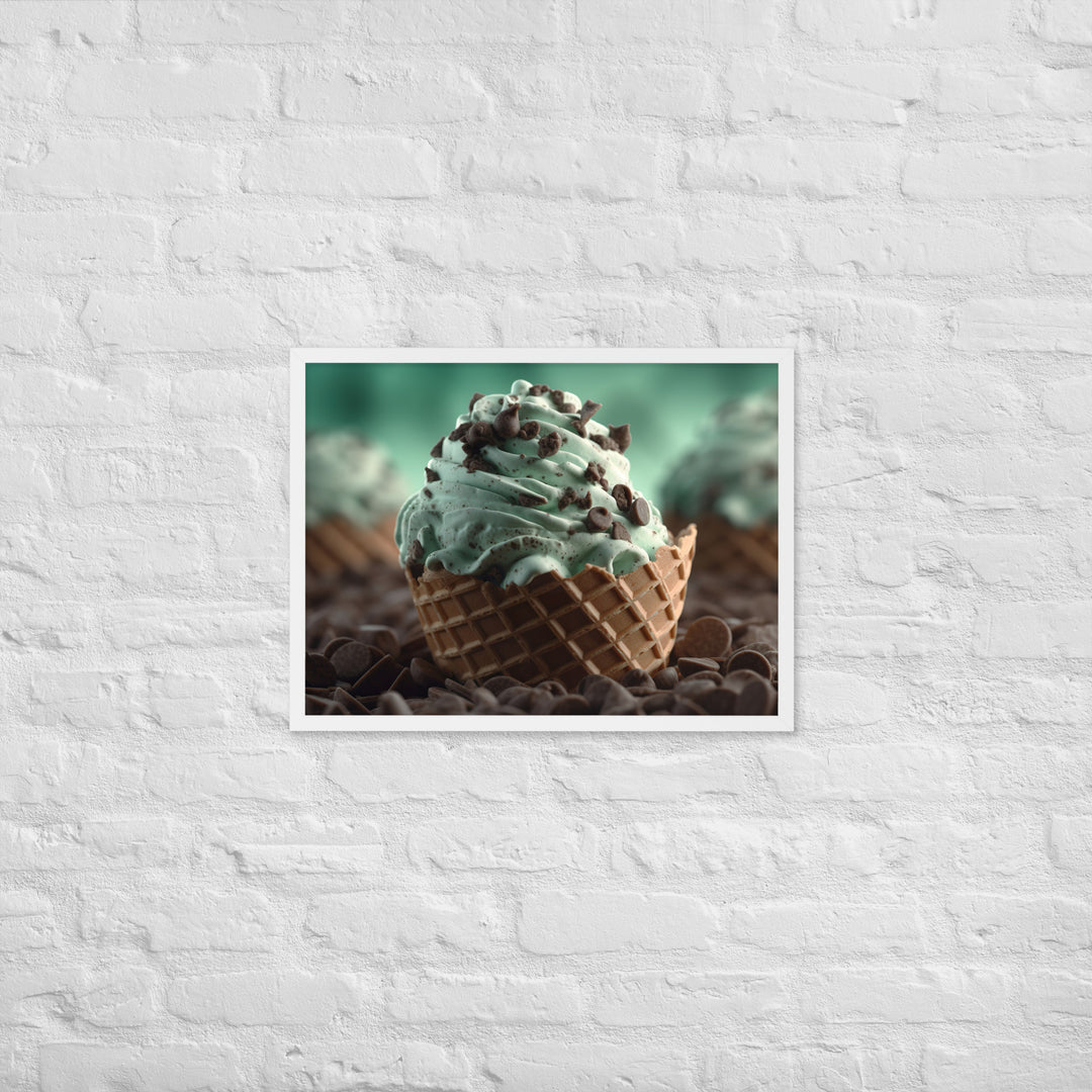 Mint Chocolate Chip Soft Serve Waffle Cone Framed poster 🤤 from Yumify.AI