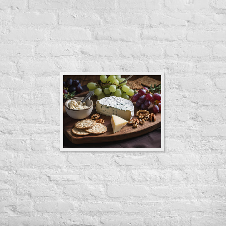 A cheese board featuring creamy brie Framed poster 🤤 from Yumify.AI