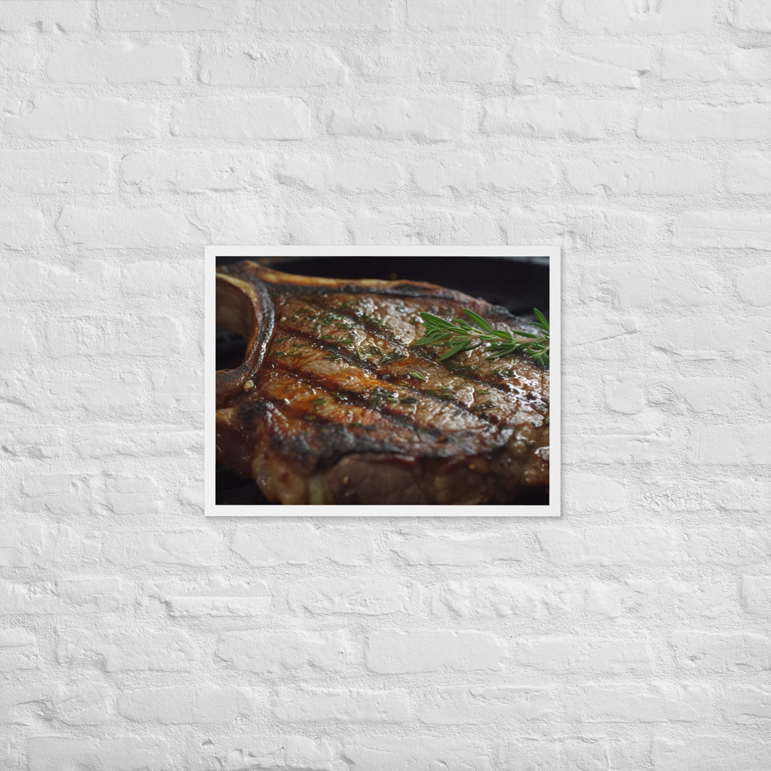 Juicy T-Bone Steak on a Sizzling Grill Framed poster 🤤 from Yumify.AI