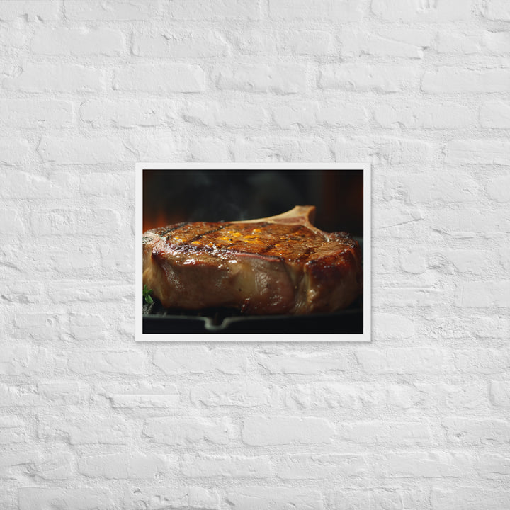 Juicy T-Bone Steak on a Sizzling Grill Framed poster 🤤 from Yumify.AI