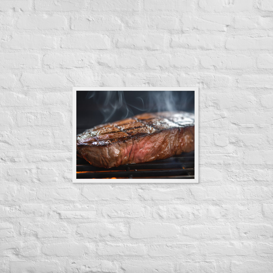 Juicy Flank Steak sizzling on a grill Framed poster 🤤 from Yumify.AI