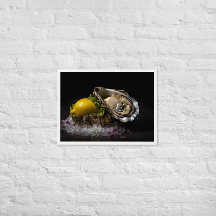 Succulent Belon oyster with lemon wedge Framed poster 🤤 from Yumify.AI