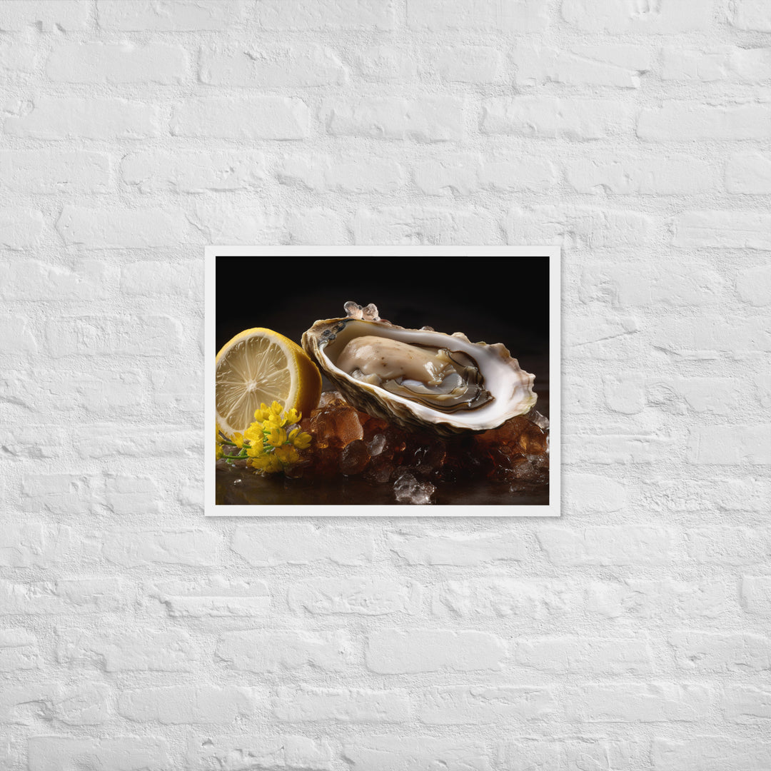 Succulent Belon oyster with lemon wedgev Framed poster 🤤 from Yumify.AI