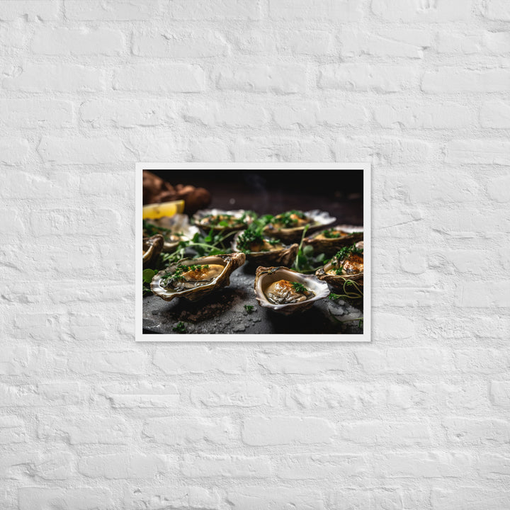 Grilled Olympia Oysters with Herb Butter Framed poster 🤤 from Yumify.AI