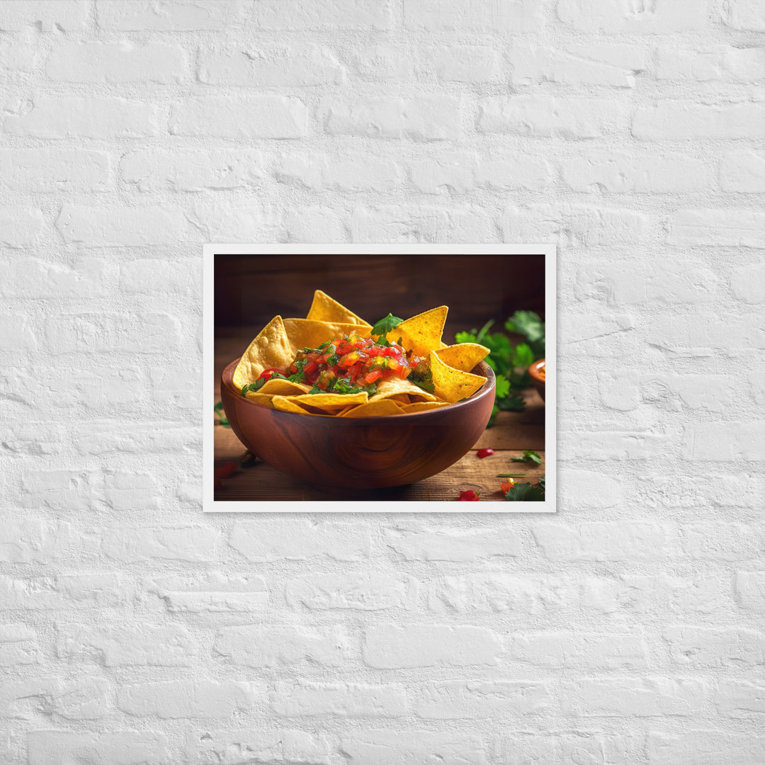 A colorful bowl of chips and salsa Framed poster 🤤 from Yumify.AI