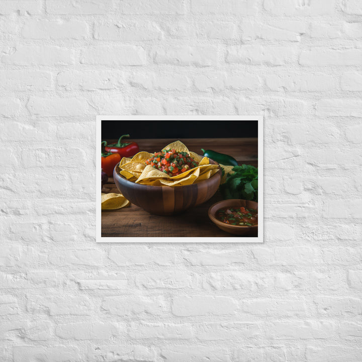 A colorful bowl of chips and salsa Framed poster 🤤 from Yumify.AI