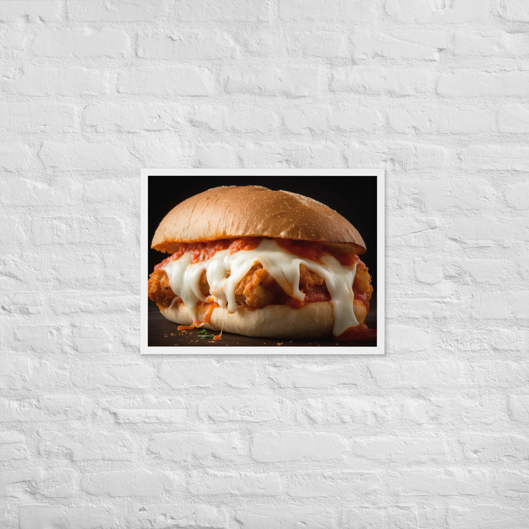 Sizzling Chicken Parmesan on a Hero Roll Framed poster 🤤 from Yumify.AI