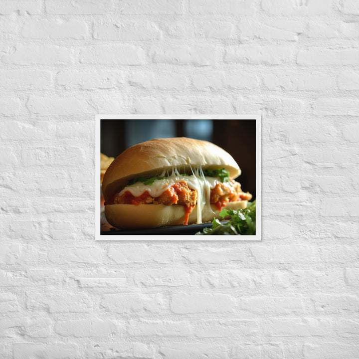 Sizzling Chicken Parmesan on a Hero Roll Framed poster 🤤 from Yumify.AI