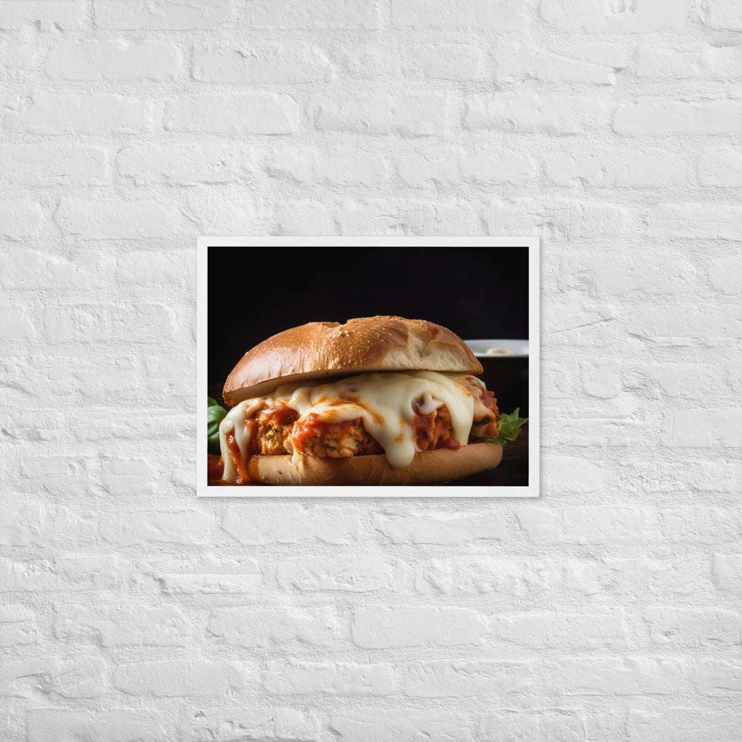 Juicy Chicken Parmesan on a Toasted Bun Framed poster 🤤 from Yumify.AI