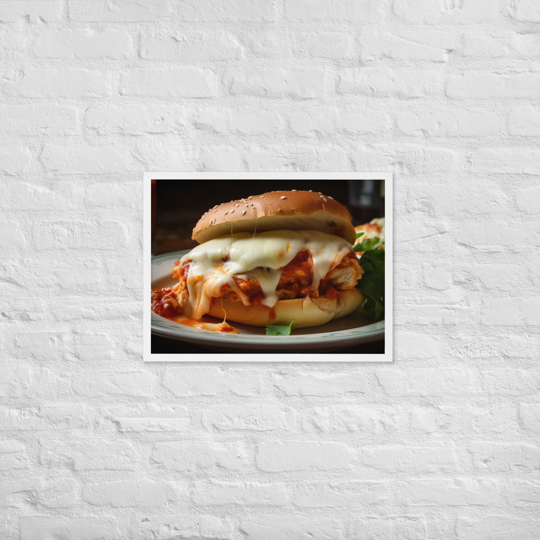Juicy Chicken Parmesan on a Toasted Bun Framed poster 🤤 from Yumify.AI