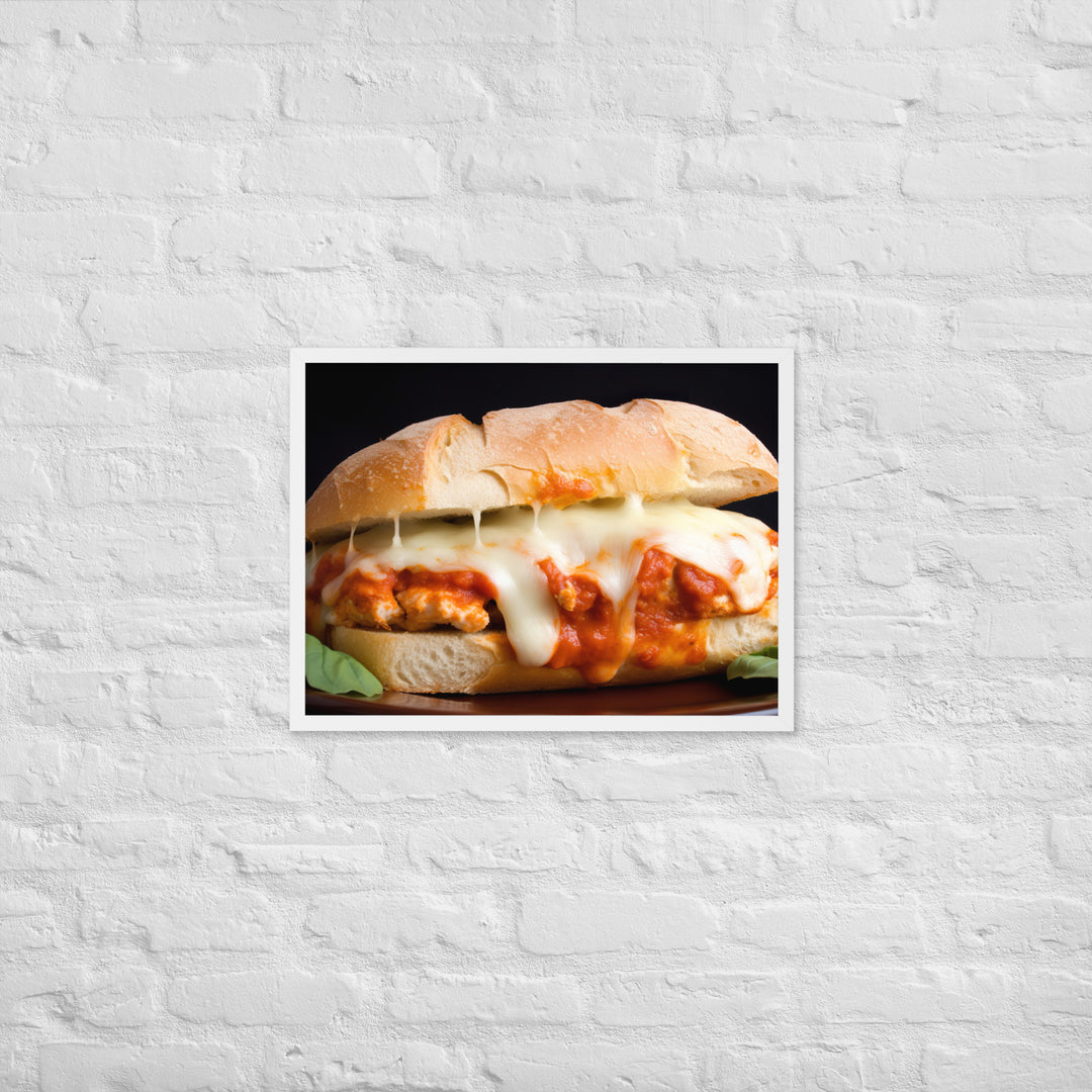 Golden Chicken Parmesan on Fresh Bread Framed poster 🤤 from Yumify.AI