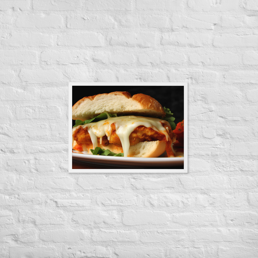 Golden Chicken Parmesan on Fresh Bread Framed poster 🤤 from Yumify.AI