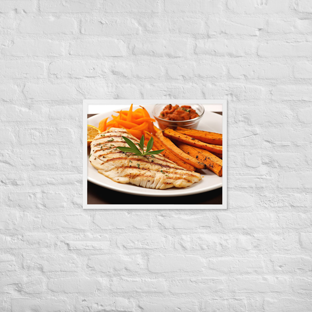 Grilled Fish and Sweet Potato Fries Framed poster 🤤 from Yumify.AI