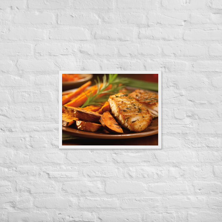 Grilled Fish and Sweet Potato Fries Framed poster 🤤 from Yumify.AI