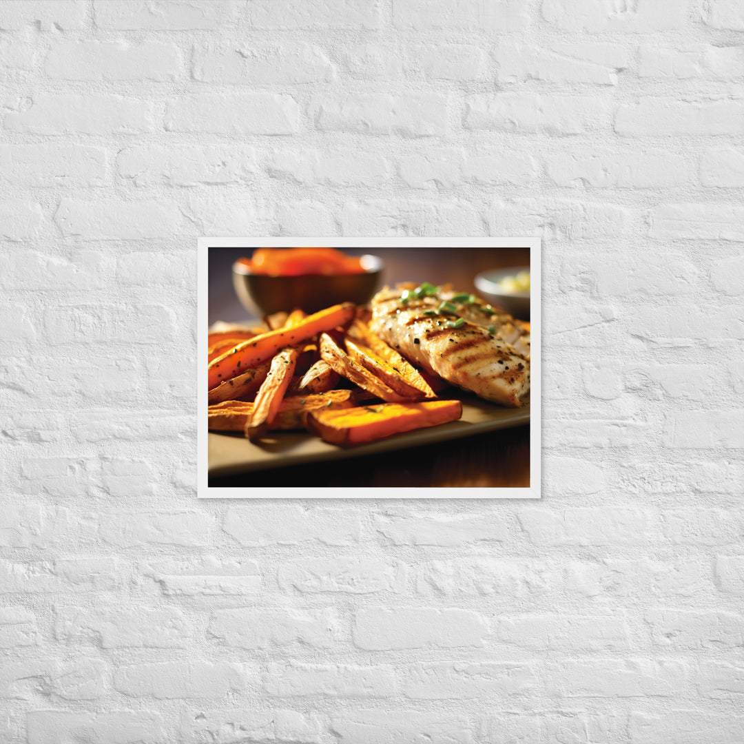 Grilled Fish and Sweet Potato Fries Framed poster 🤤 from Yumify.AI