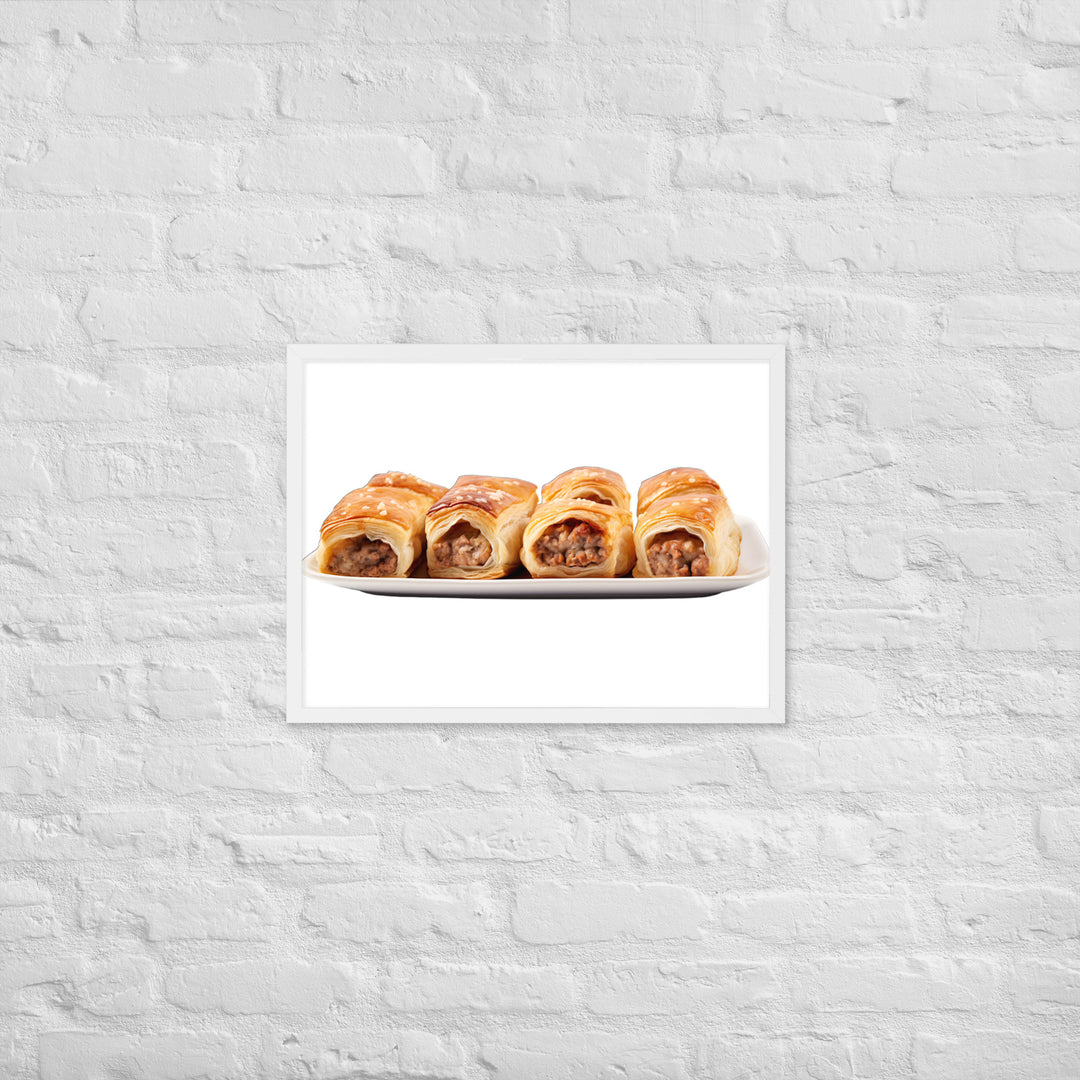 Flaky Golden Sausage Rolls Framed poster 🤤 from Yumify.AI