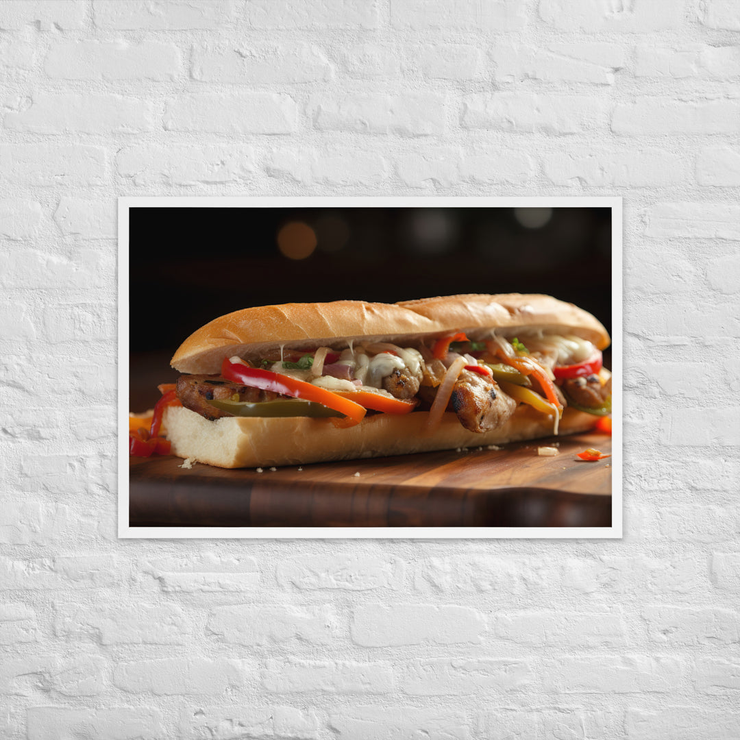 Sausage and peppers sandwich Framed poster 🤤 from Yumify.AI