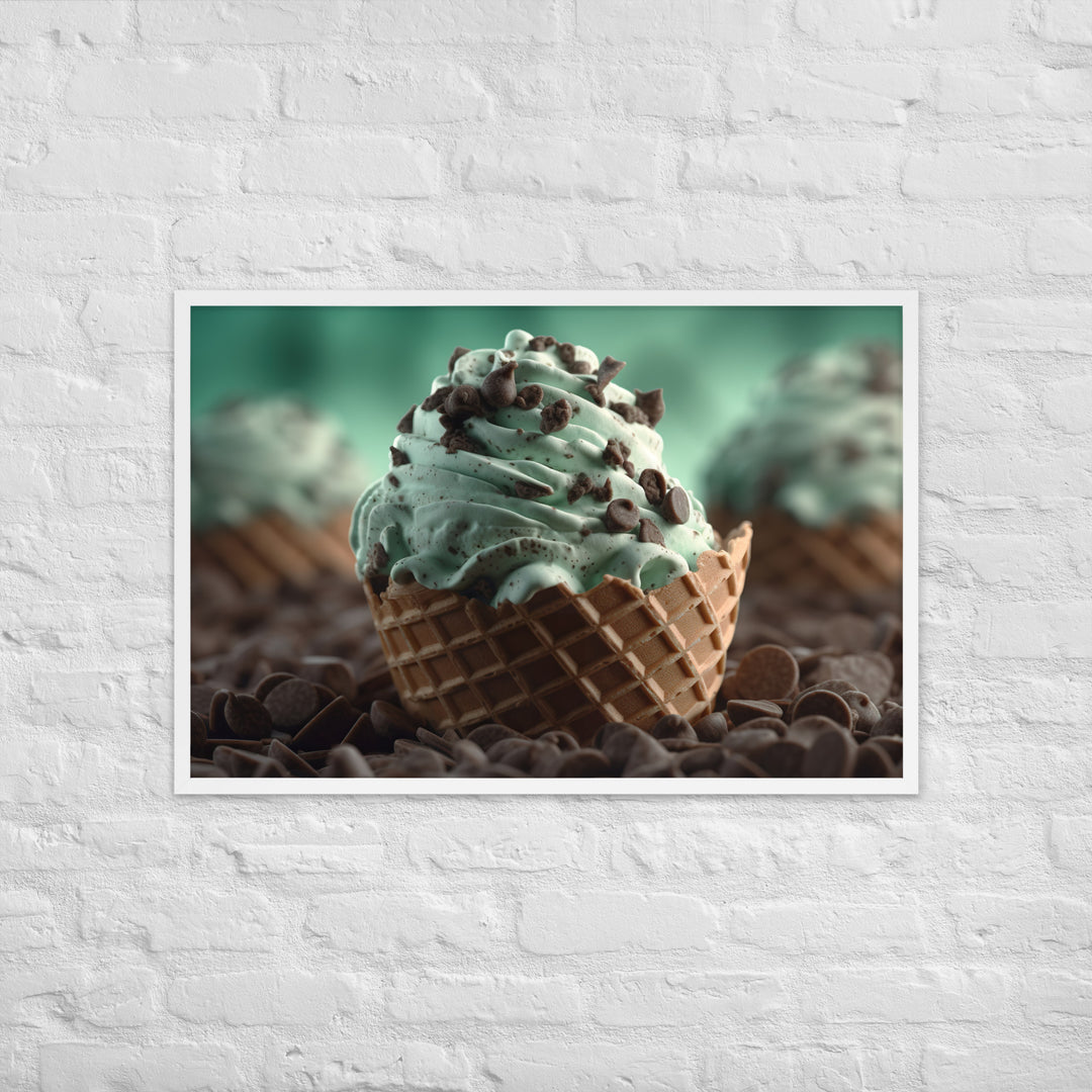 Mint Chocolate Chip Soft Serve Waffle Cone Framed poster 🤤 from Yumify.AI