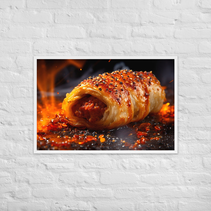 Spicy Sausage Roll Framed poster 🤤 from Yumify.AI