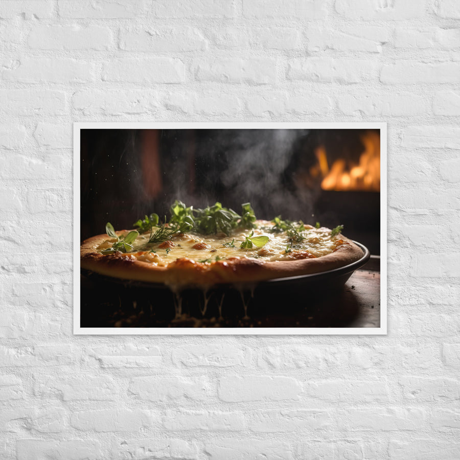 Pizza topped with melted Parmesan cheese Framed poster 🤤 from Yumify.AI