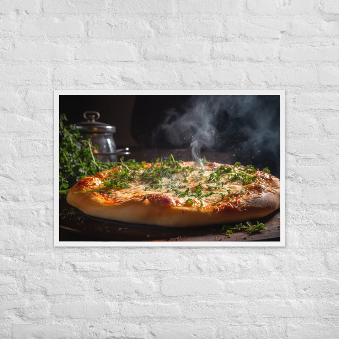 Pizza topped with melted Parmesan cheese Framed poster 🤤 from Yumify.AI