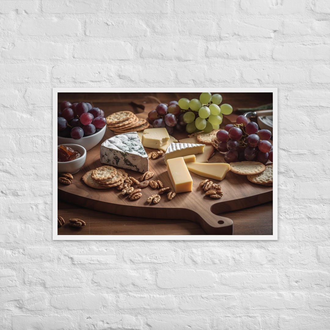 A cheese board featuring creamy brie Framed poster 🤤 from Yumify.AI