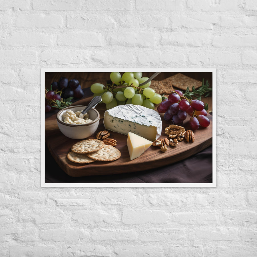 A cheese board featuring creamy brie Framed poster 🤤 from Yumify.AI