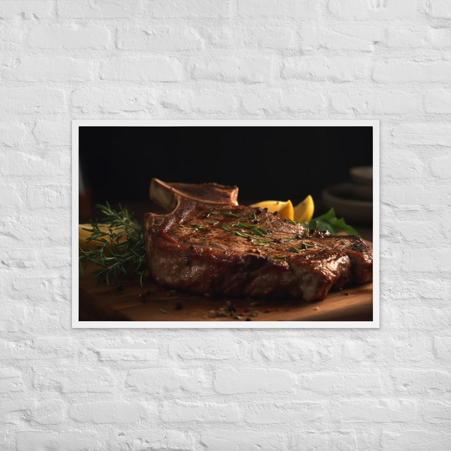 T-Bone Steak on a Wooden Board Framed poster 🤤 from Yumify.AI