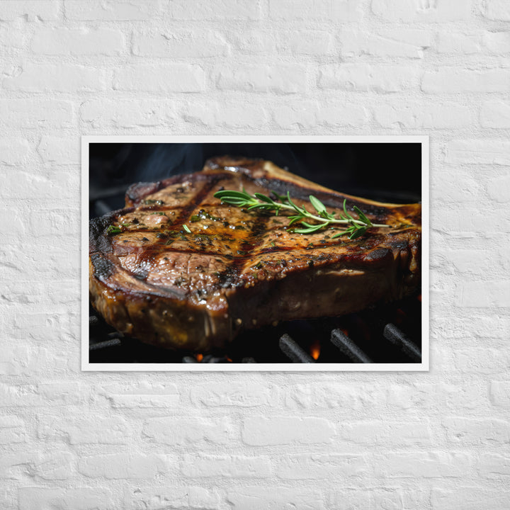 Juicy T-Bone Steak on a Sizzling Grill Framed poster 🤤 from Yumify.AI