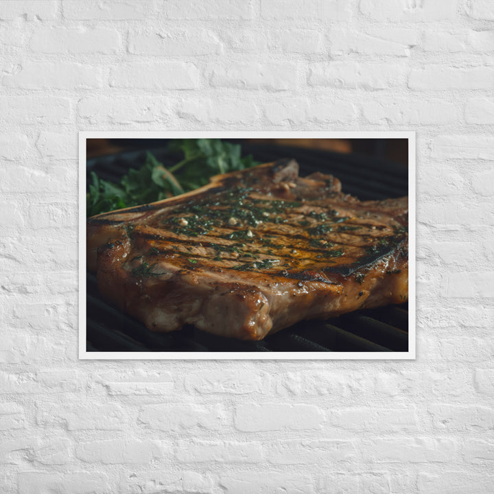 Juicy T-Bone Steak on a Sizzling Grill Framed poster 🤤 from Yumify.AI