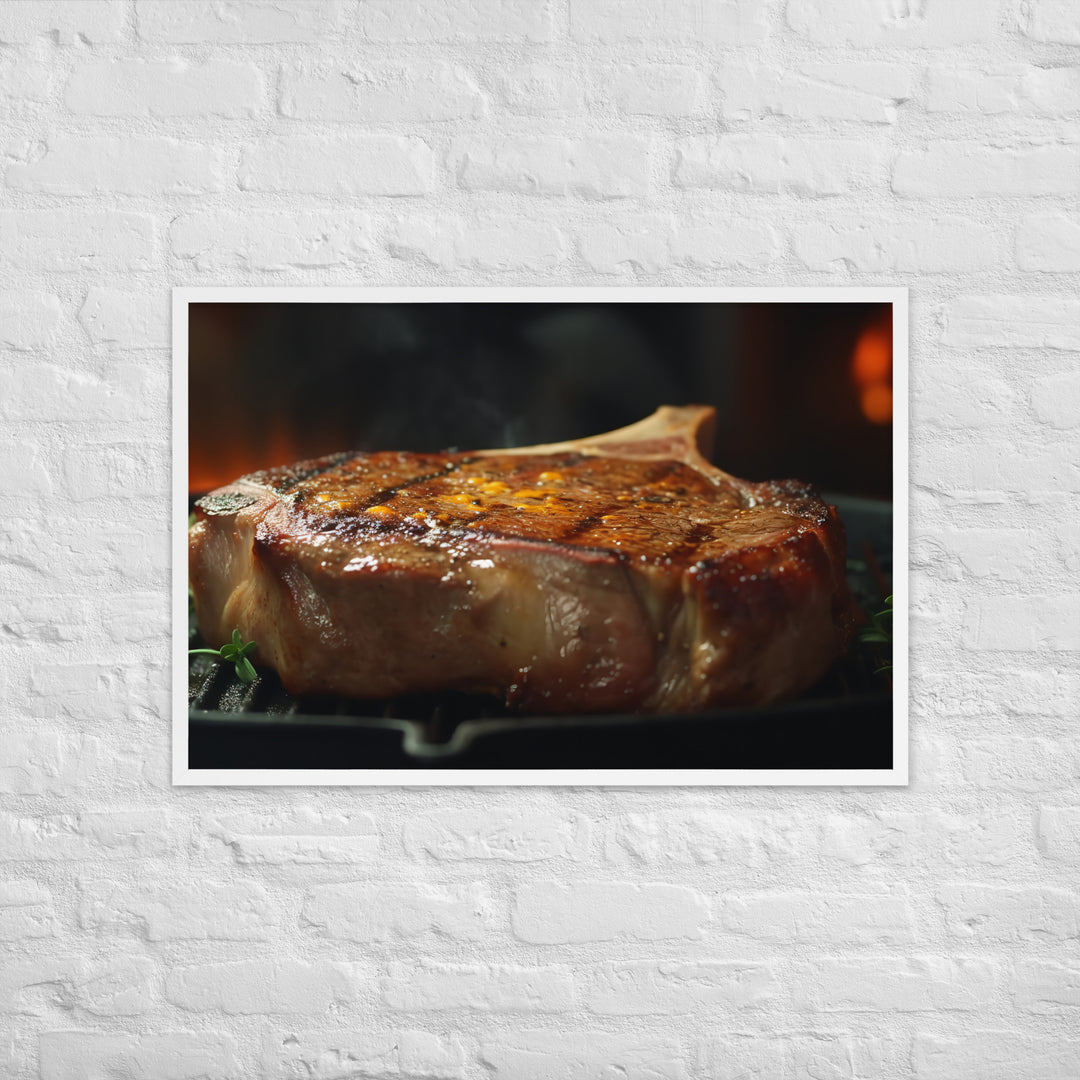 Juicy T-Bone Steak on a Sizzling Grill Framed poster 🤤 from Yumify.AI