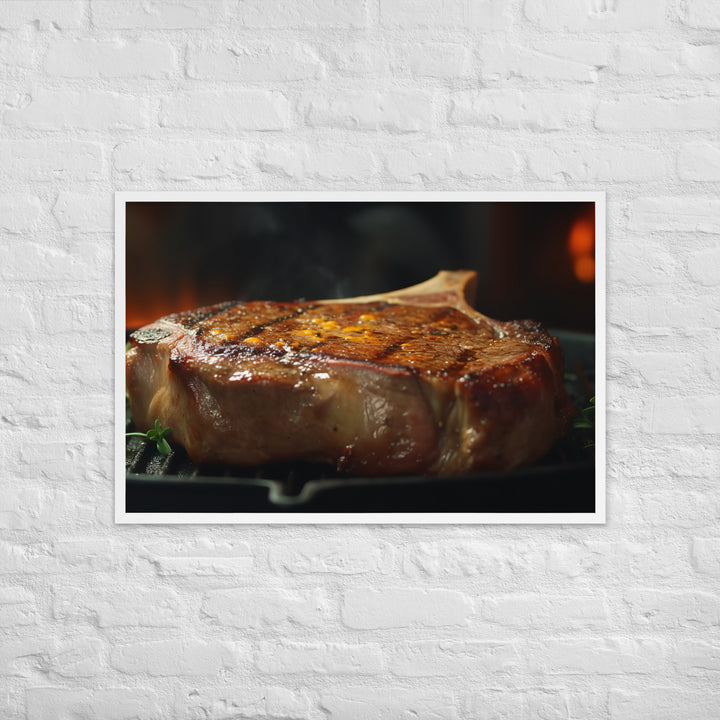 Juicy T-Bone Steak on a Sizzling Grill Framed poster 🤤 from Yumify.AI