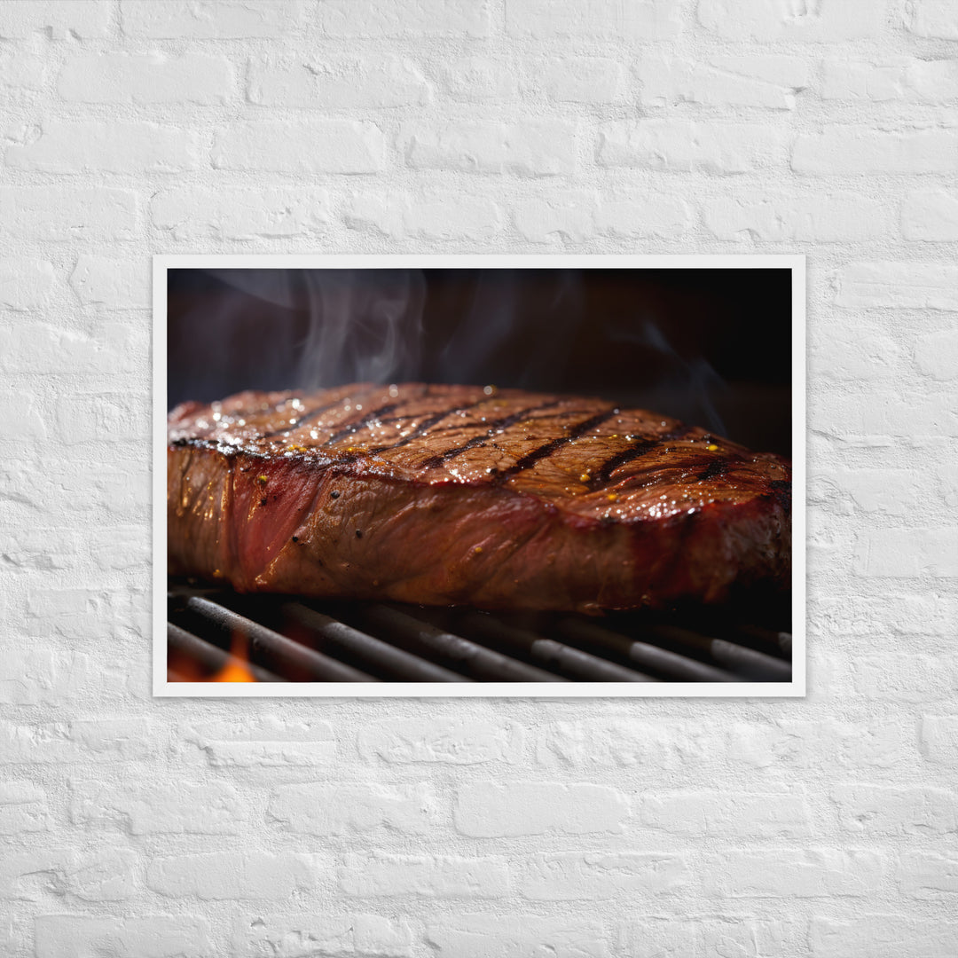 Juicy Flank Steak sizzling on a grill Framed poster 🤤 from Yumify.AI