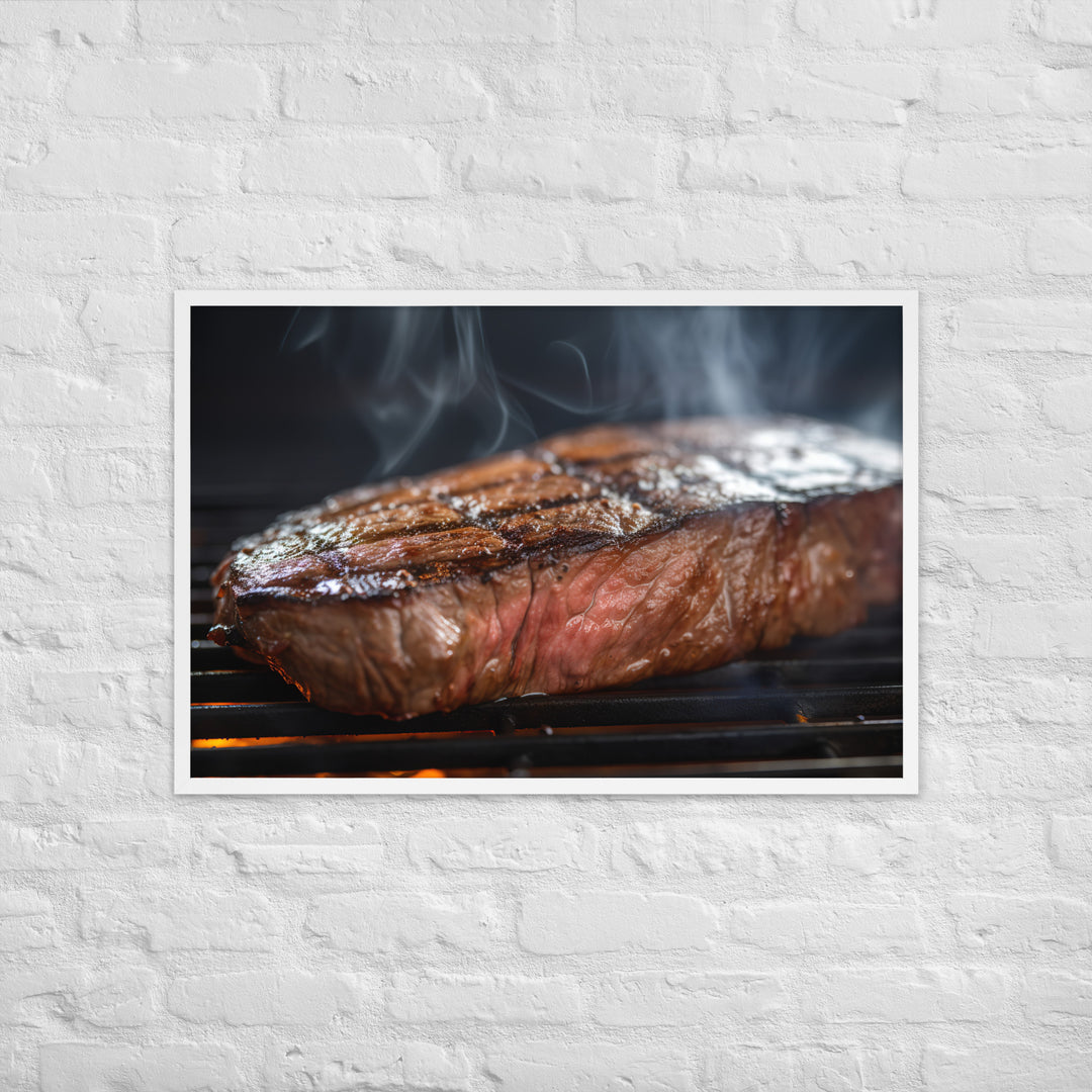 Juicy Flank Steak sizzling on a grill Framed poster 🤤 from Yumify.AI