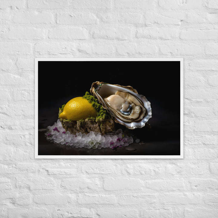 Succulent Belon oyster with lemon wedge Framed poster 🤤 from Yumify.AI