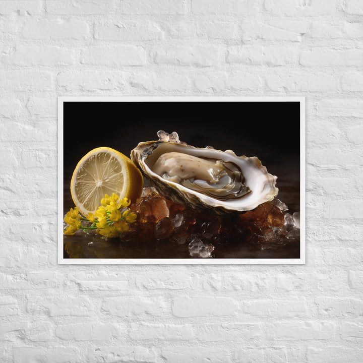 Succulent Belon oyster with lemon wedgev Framed poster 🤤 from Yumify.AI